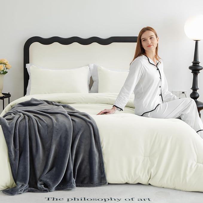 CozyLux King Size Comforter Set Ivory, 3 Pieces Solid Comforters King Size - Image 8