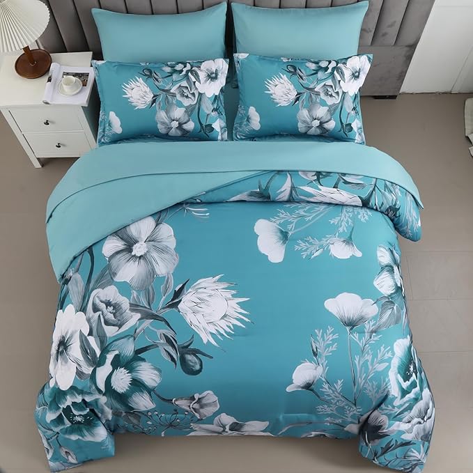 Luxudecor Floral Comforter Set Twin Size 5 Piece, Teal Blue Flower Bed in a Bag - Image 3