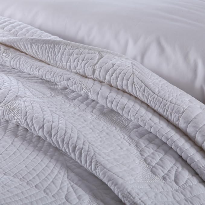 ROOMLIFE King Quilt Set Palm Leaves Pattern 3 PCS 100% Cotton Soft Breathable - Image 3