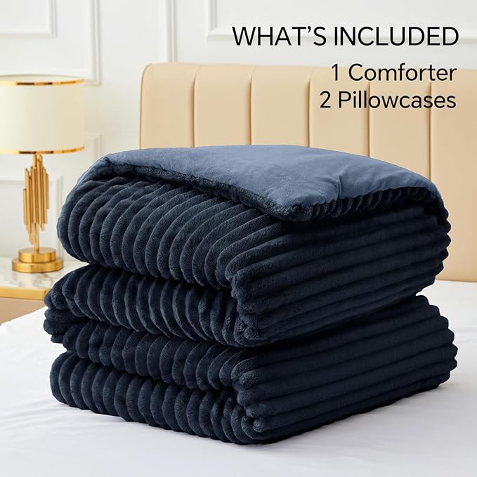 BEDELITE Fleece King Comforter Set -Super Soft & Warm Fluffy Navy Blue Bedding - Image 6
