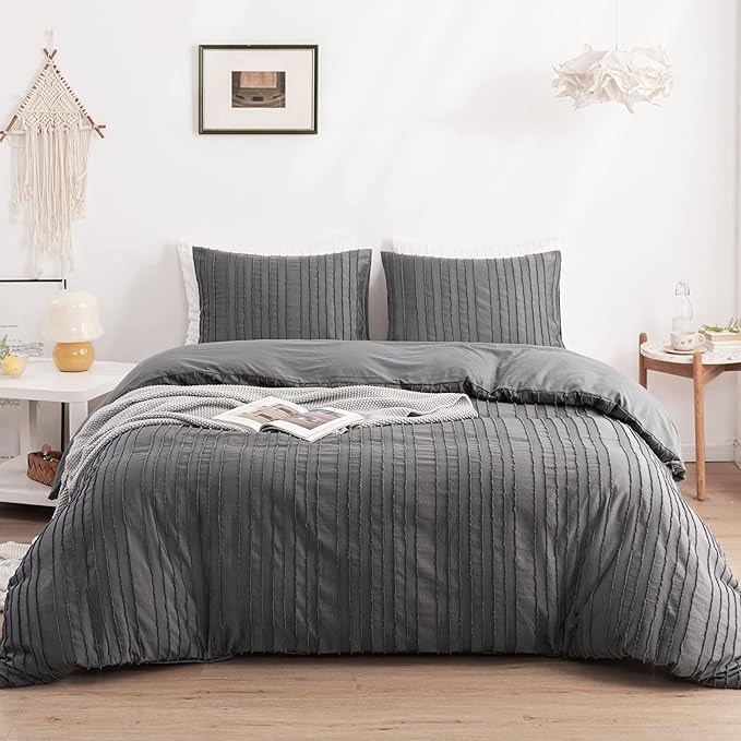 WARMDERN Gray Boho Duvet Cover Set, Striped Textured Tufted Bedding, Twin Size by WARMDERN
