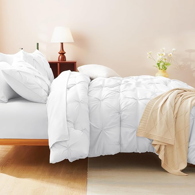 HIMEET Pintuck Bed in a Bag, 7 Pieces Oversized Queen Comforter Set White - Image 7