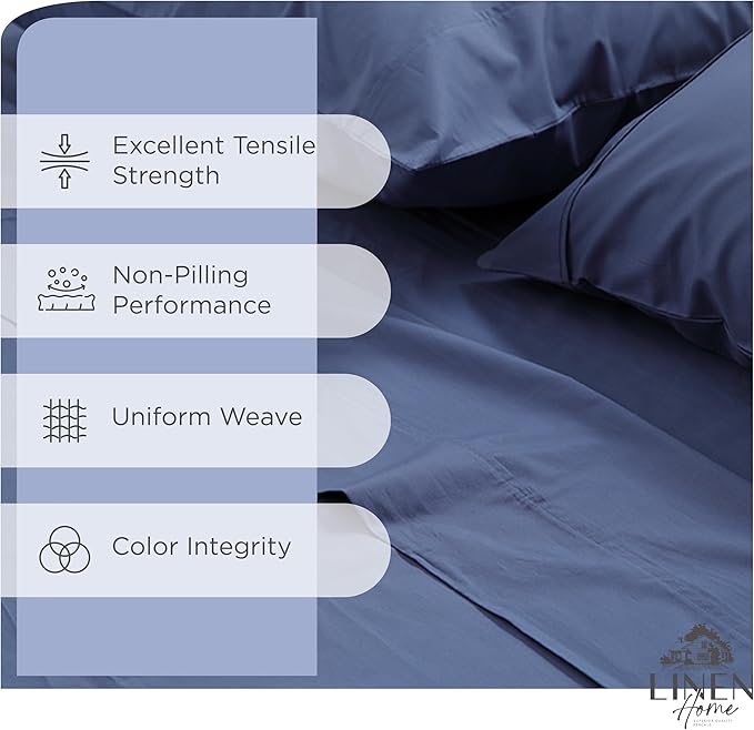 Linen Home 100% Cotton Percale Sheets King Size, Dark Blue, Deep Pocket - Image 2