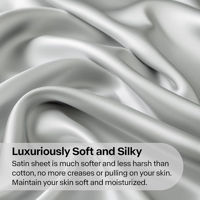 BEDELITE Satin Sheets Full Size Bed Set, Luxury Soft Grey Silky Sheets - Image 3