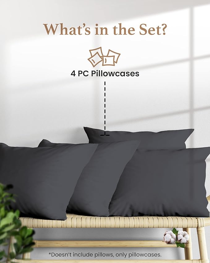 1000 TC Dark Gray King Pillowcases Set of 4 100% Egyptian Cotton Pillow Cases - Image 2