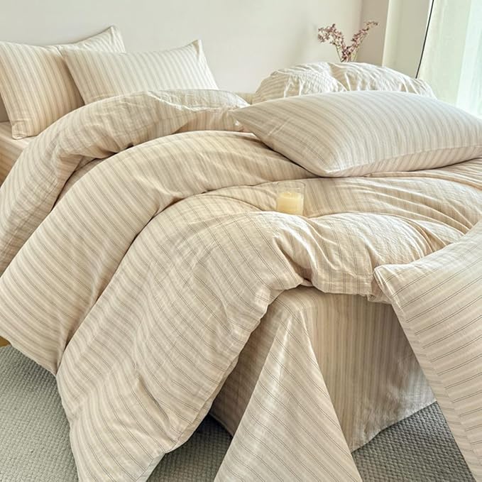 PinkMemory Beige Striped Duvet Cover Set King 100% Washed Cotton Beige Striped - Image 2