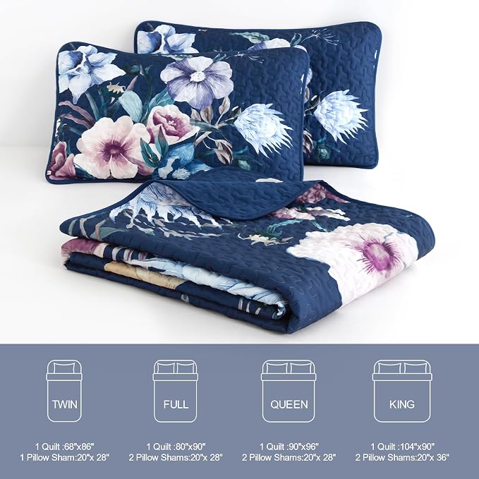 Drucon Blue Floral Quilt Set Queen Size 3 Pieces Blue Botanical Flower Quilt - Image 7