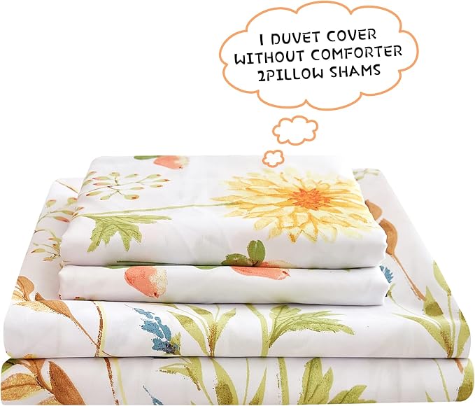 JSD Yellow Floral Duvet Cover Set Queen Size, 3 Piece Spring Printed Microfiber - Image 3