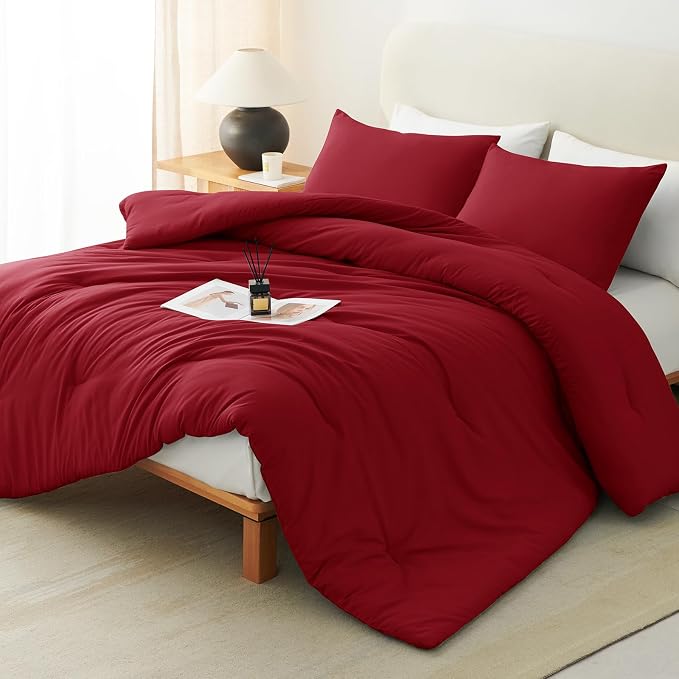 CozyLux King Size Comforter Set Dark Red, 3 Pieces Solid Comforters King Size - Image 8