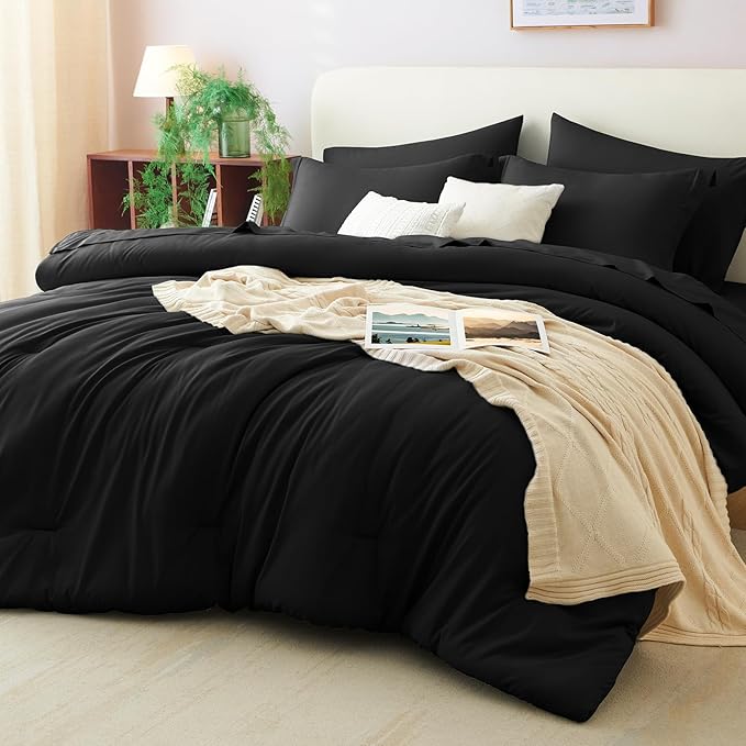 CozyLux Oversized Queen Comforter Set Black, 7 Pieces Bed in a Bag Comforter Set by CozyLux
