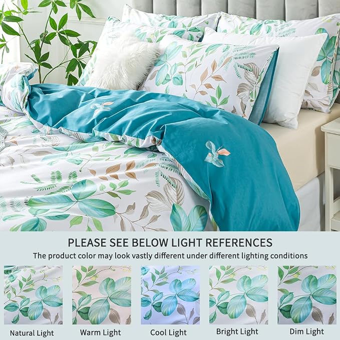 FADFAY Botanical Duvet Cover Set Twin XL 100% Cotton College Bedding Teal Green - Image 3