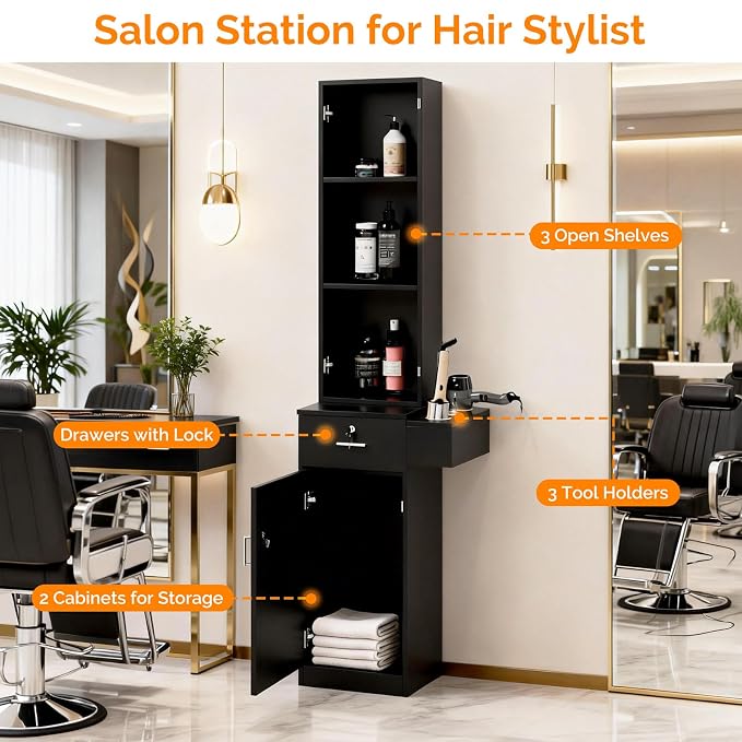 mefeir Salon Station, Barber Hair Stylist Storage Cabinet - Image 4