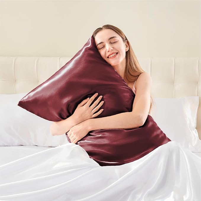 BEDELITE Satin Pillowcase with Zipper, Burgundy Pillow Cases Queen Size Set of 2 - Image 2