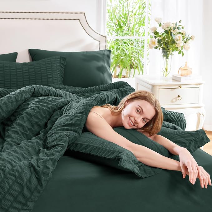 CozyLux King Size Comforter Set Forest Green Seersucker 7 Pieces Bed in a Bag - Image 7