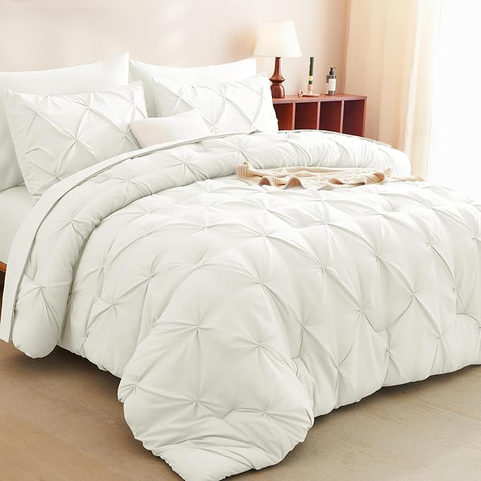 CozyLux King Size Comforter Set Ivory, 7 Pieces Pintuck Bed in A Bag Ivory by CozyLux