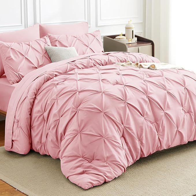 HIMEET Pintuck Bed in a Bag, 7 Pieces Queen Size Comforter Set Pink, Luxury by Unknown