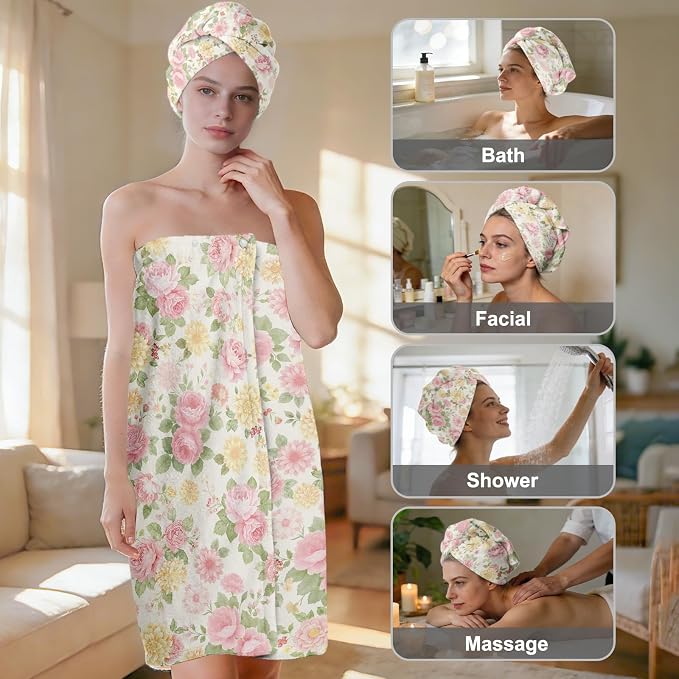 Absorbent Bath Towel Wrap Set for Women, Vintage Flower Print Towel Wrap After - Image 2