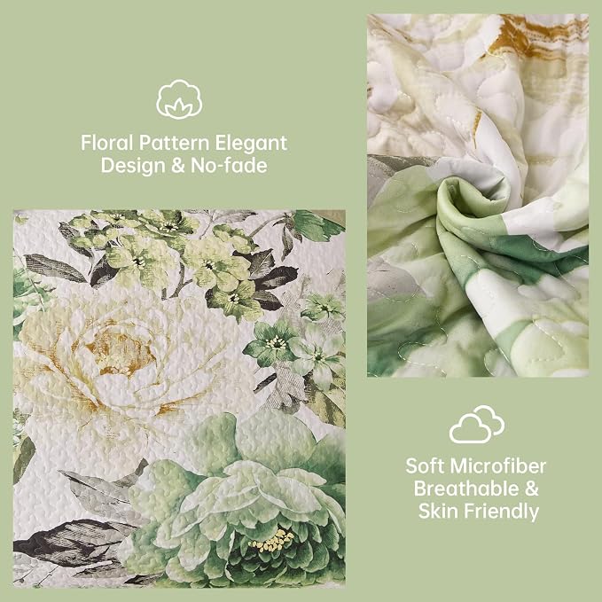 WONGS BEDDING Floral Quilt Set Green Queen, Quilted Printed Lightweight - Image 4