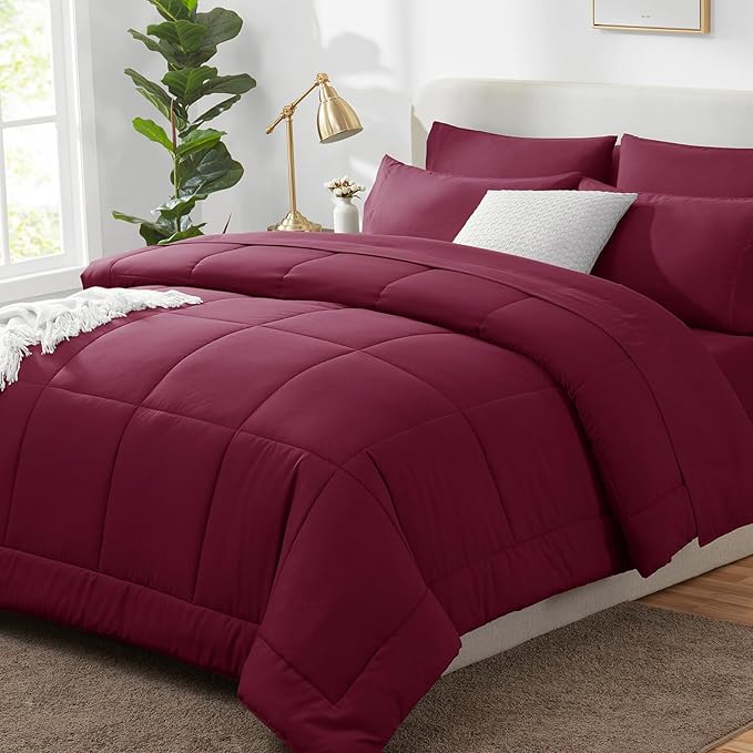 CozyLux Queen Comforter Set Burgundy, 7 Pieces Bed in a Bag, All Season Bedding by CozyLux