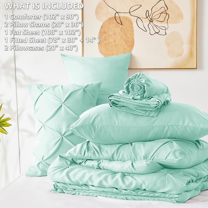 CozyLux King Size Comforter Set Mint Green, 7 Pieces Pintuck Bed in A Bag Green - Image 7