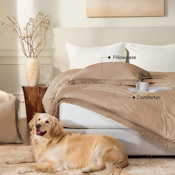 Andency Taupe Comforter Set California King, 3 Pieces Boho Tassel Lightweight - Image 5