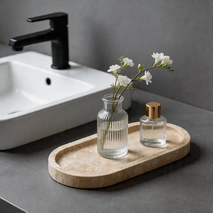 WORHE Natural Travertine Vanity Tray Waterproof Italy Marble Bathroom Organizer - Image 3