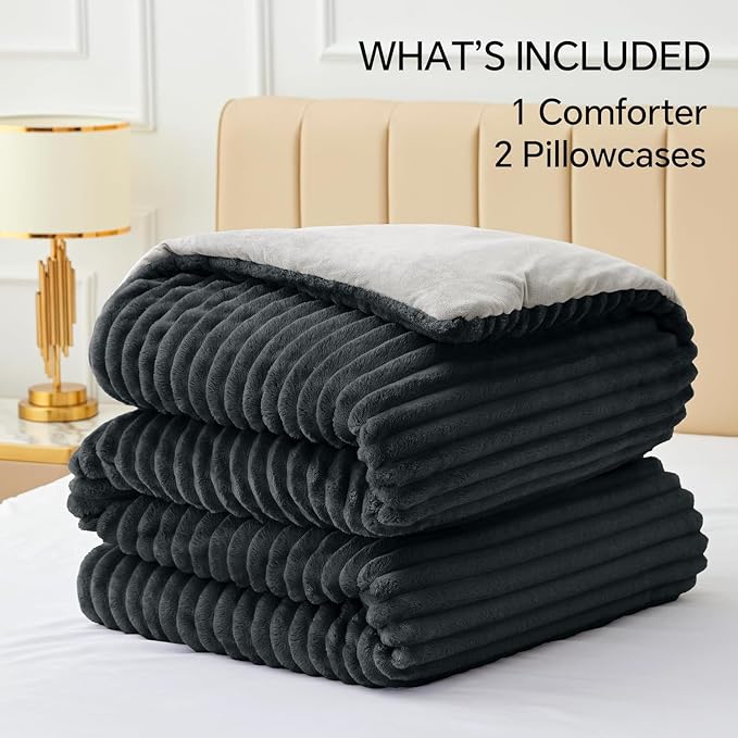BEDELITE Fleece California King Comforter Set -Super Soft & Warm Fluffy Black - Image 6