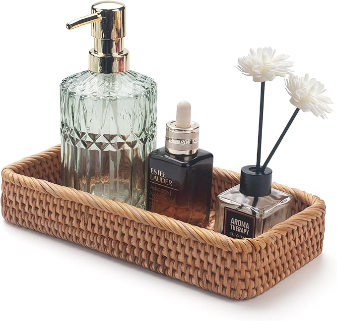 Rattan Bathroom Vanity Trays Toilet Tank Baskets Long Narrow Hand Towel Storage by DECRAFTS