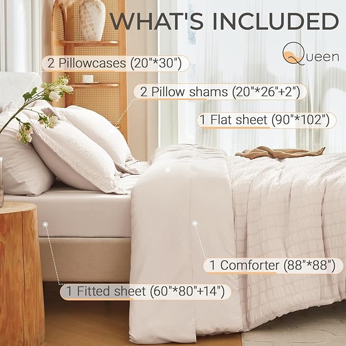 MUXHOMO 7 Pieces Queen Comforter Set, Seersucker Bed in a Bag Queen Size - Image 4