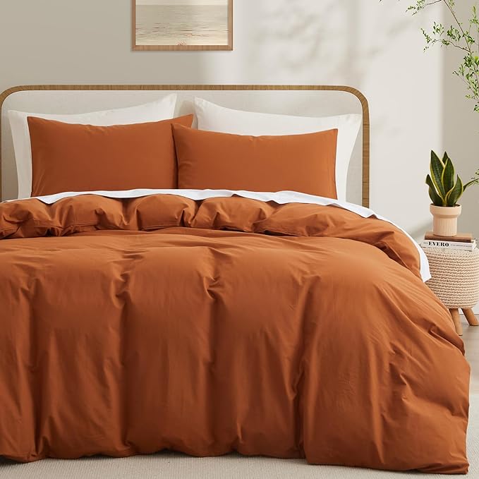 Burnt Orange Duvet Cover Full Size, 100% Washed Cotton Linen Like Bedding Set by LOVQUE