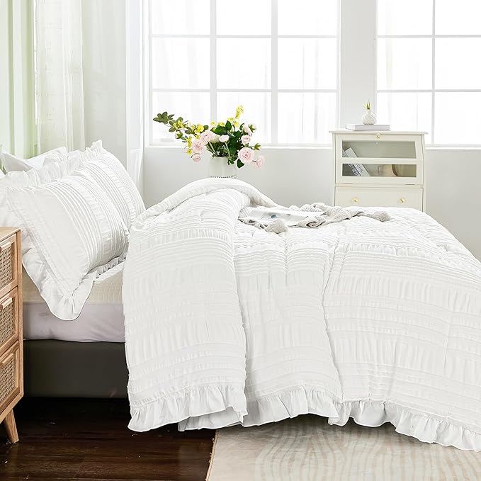 WONGS BEDDING White Queen Comforter Set, Boho Ruffle Comforter - Image 3