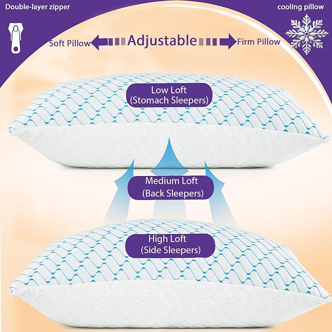 VAINOC Memory Foam Pillows Standard Size Set of 2, Adjustable Cooling Firm - Image 9