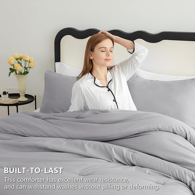 CozyLux King Size Comforter Set Grey, 3 Pieces Solid Comforters King Size - Image 3