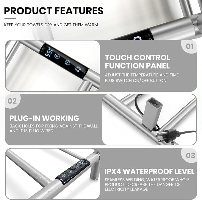 Towel Warmer Wall Mounted with 3 Electric Stainless Steel Heated Bars, Hot - Image 5