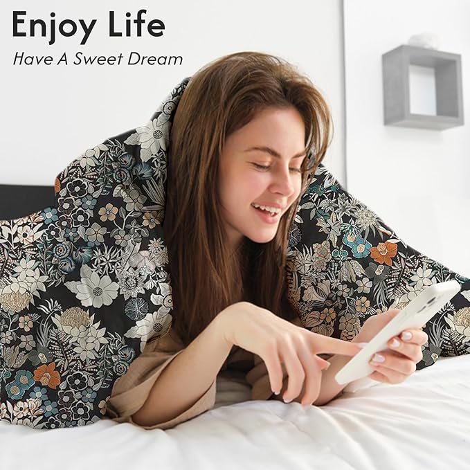 LONAVA King Flower 3 Pcs Duvet Cover Set, Breathable Soft Microfiber Black - Image 4