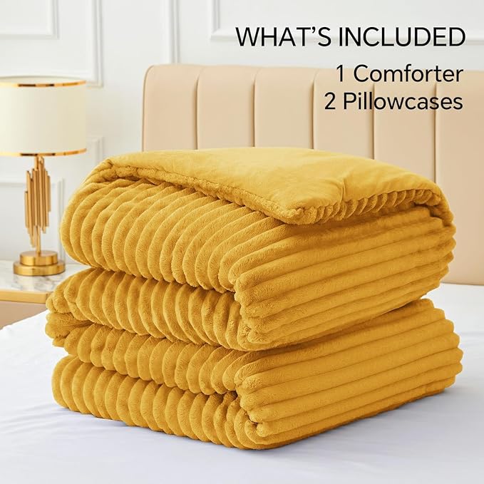BEDELITE Fleece King Comforter Set -Super Soft & Warm Fluffy Mustard Yellow - Image 6