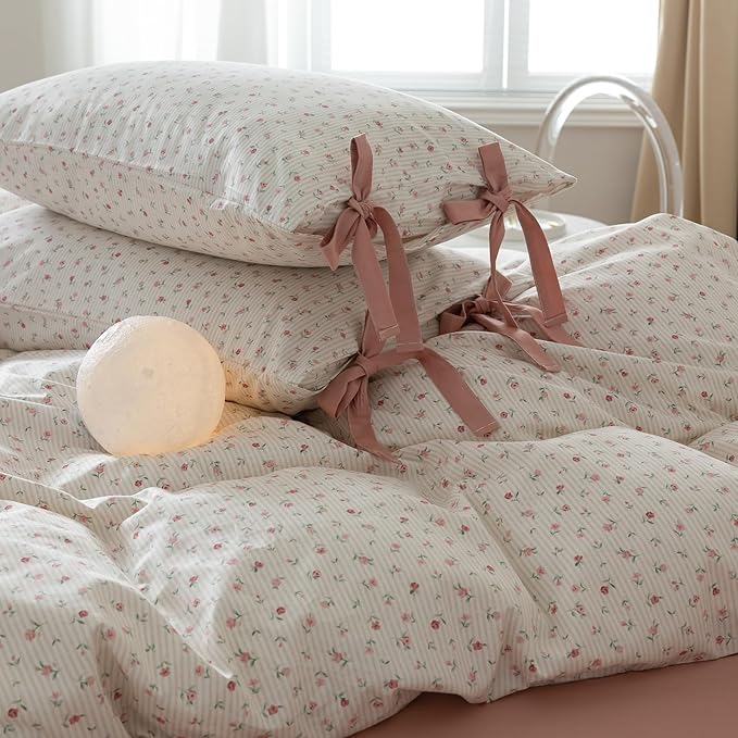 mixinni White Flower Pattern Duvet Cover Queen Cottage Pink Floral Stripes - Image 3