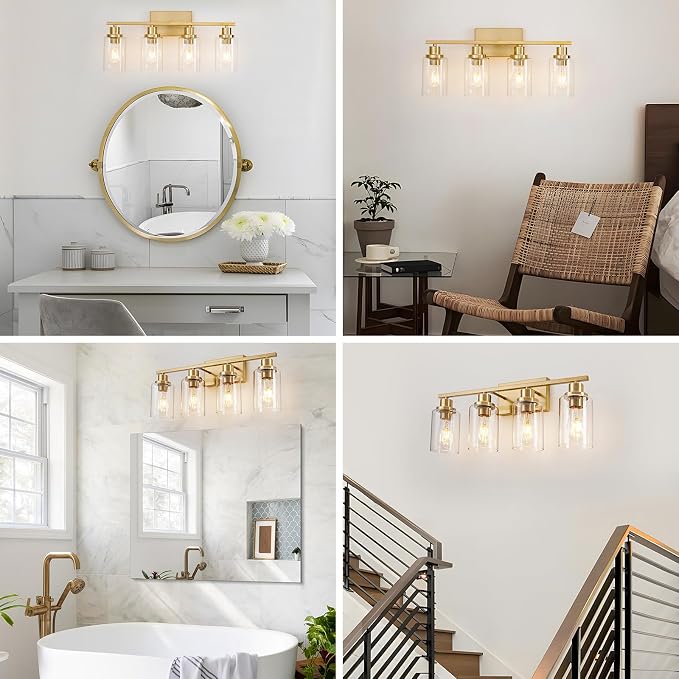 4 Light Gold Bathroom Light Fixtures Brushed Brass Vanity Light Over Mirror - Image 5
