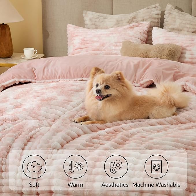 BEDELITE Fleece Queen Comforter Set -Super Soft & Warm Fluffy Pink&White Bedding - Image 3