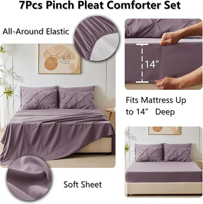 HIMEET Pintuck Bed in a Bag, 7 Pieces Queen Size Comforter Set Dusty Purple - Image 6