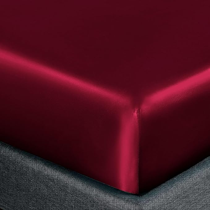 Homiest Burgundy Satin Fitted Sheet Twin Size, Deep Pocket, Luxury & Ultra Soft - Image 3