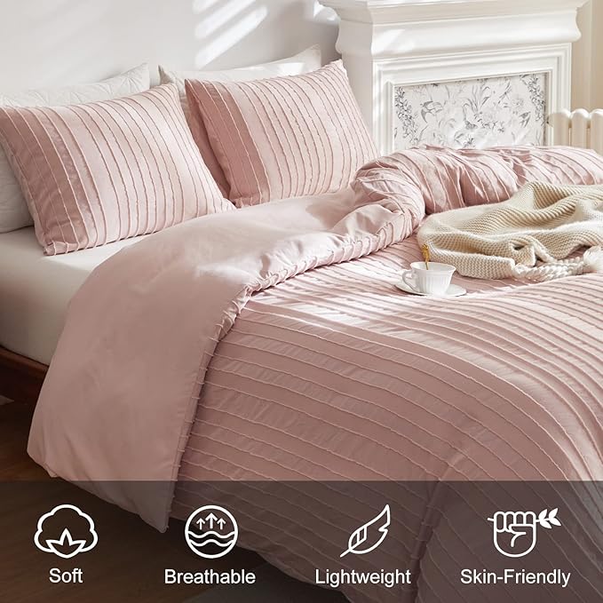 WARMDERN Pink Striped Duvet Cover Set, Boho Textured Tufted Bedding, 2 Piece - Image 3