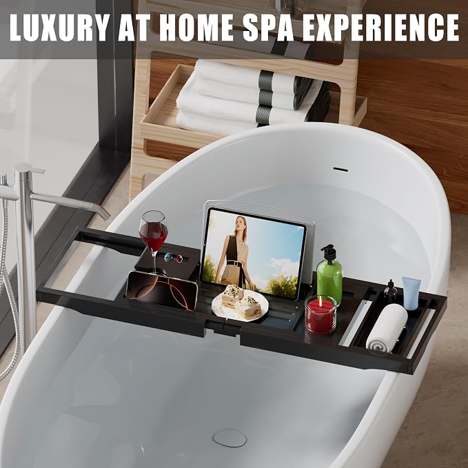 Foldable Bathtub Caddy Tray for Tub, Bamboo Expandable Bath Table Trays - Image 2