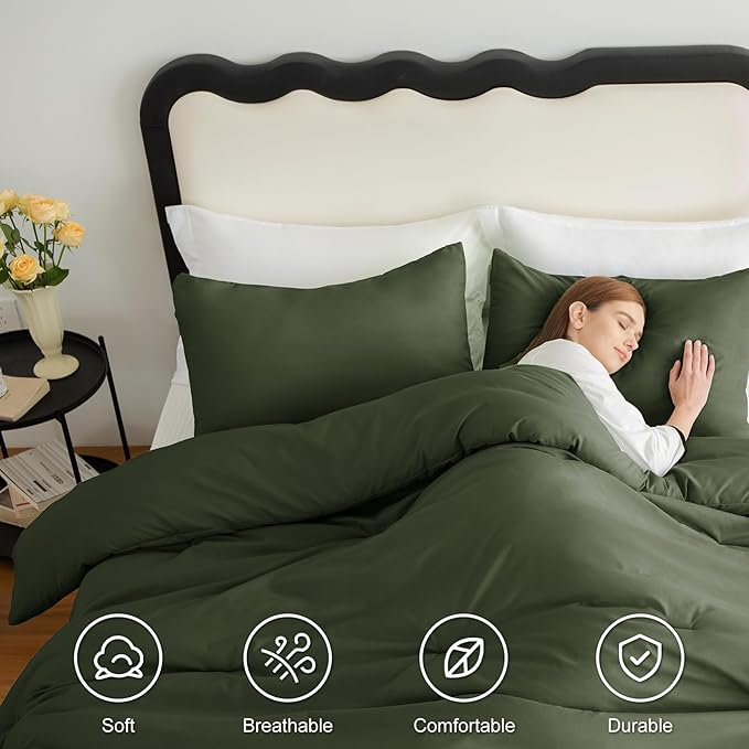 CozyLux King Size Comforter Set Olive Green, 3 Pieces Solid Comforters King - Image 5