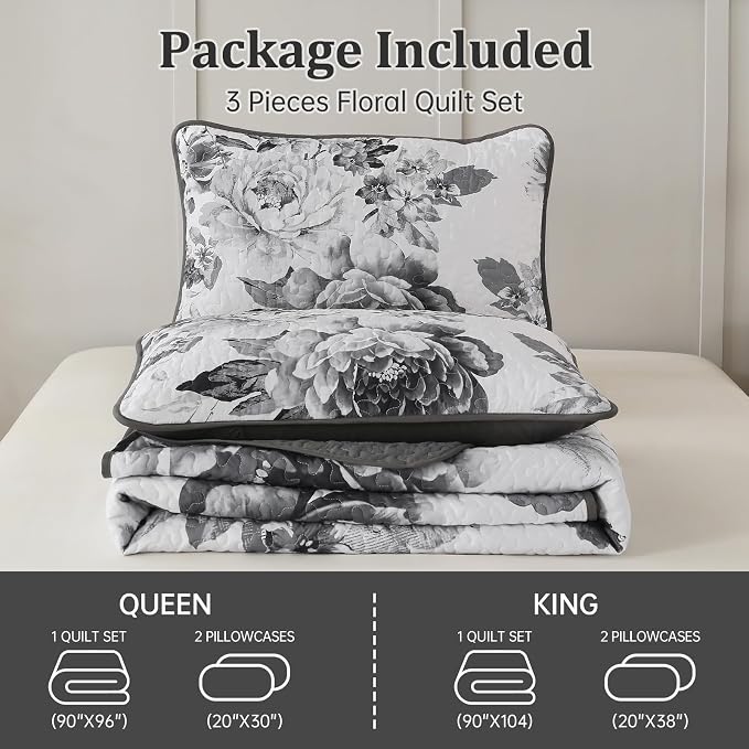 WONGS BEDDING Grey Boho Floral Quilt Set King, 3 Pieces Elegant Gray Flower - Image 8