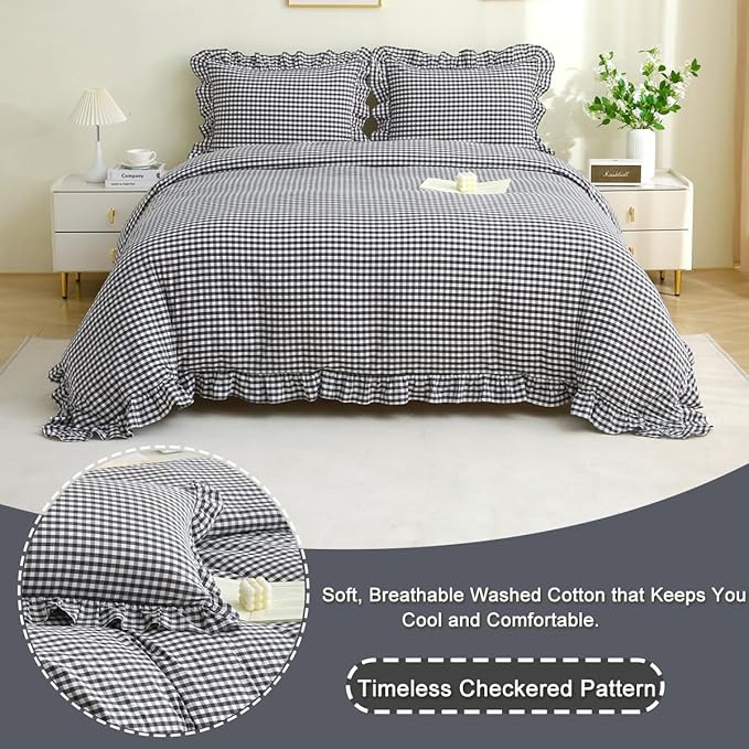 Silnuo Black/White Checkered Ruffle 3-Piece Duvet Cover Set Twin Size, Washed - Image 4