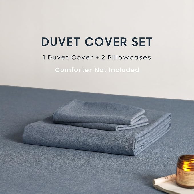 Wake In Cloud - Cotton Duvet Cover Set, Queen Size, Chambray Denim Blue - Image 2
