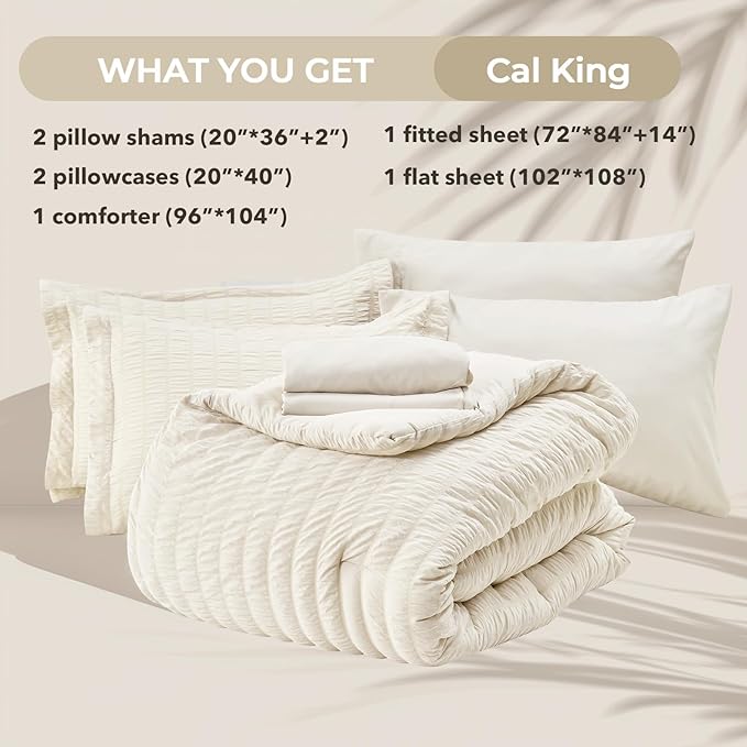 HYMOKEGE Ivory California King Comforter Set Seersucker 7 Pieces, All Season - Image 5