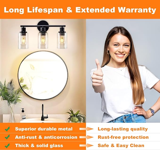 DLLT 3-Light Bathroom Light Fixtures: 18.51" Black Modern Vanity Lights - Image 3