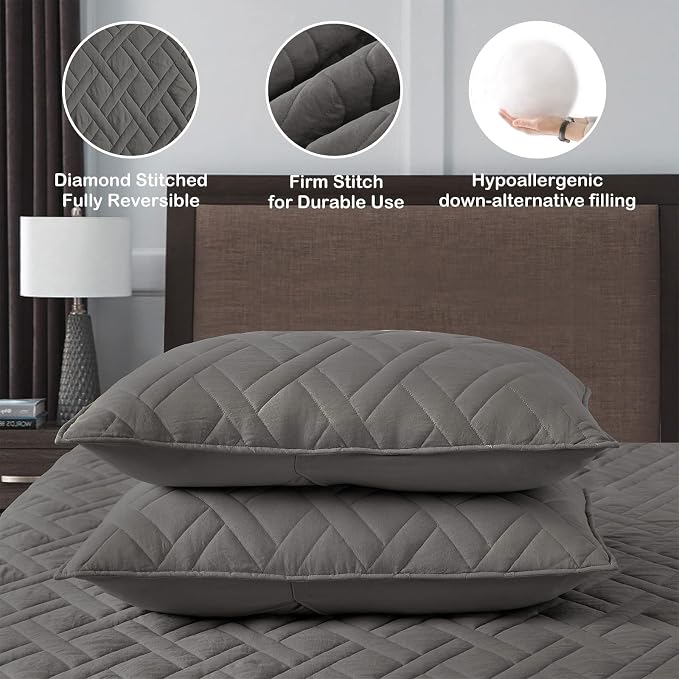 HORIMOTE HOME Quilt Set Twin Size Grey, Classic Geometric Diamond Stitched - Image 4